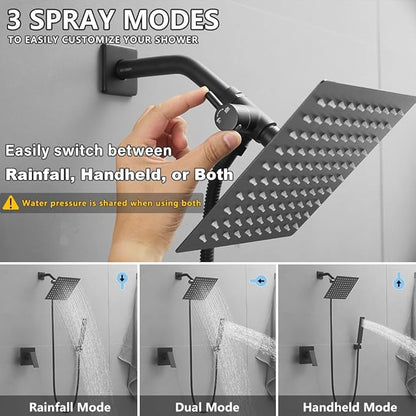 8 Inch Rainfall Shower Head and Handheld Spray Combo with 3-Way Diverter and Touch-Clean Nozzles, Rough-in Valve Body and Trim Included, Matte Black