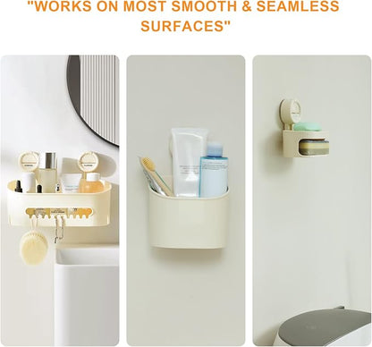 suntree Shower Caddy with Strong Suction Cups, No Drill Bathroom Shelf Organizer, Removable Soap Holder & Toothbrush Holder, Waterproof Storage with Drainage Design, Cream White