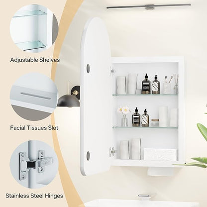Arched Bathroom Medicine Cabinet with Mirror, No Assembly Needed, Recessed or Surface Mount Wall Storage Cabinet, Mirror Cabinet with Tissue Slot (Bevel, 31.5" L x 19.7")
