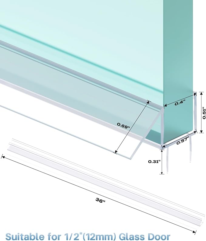 Shower Door Bottom Seal Strip, 2PCS Seal Strip, Clear PVC, 36" Length, Fits 6mm Thick Glass, Prevents Leaks, Easy Installation, No Adhesive Required (Black, 36in for 1/2"(12mm) Door)