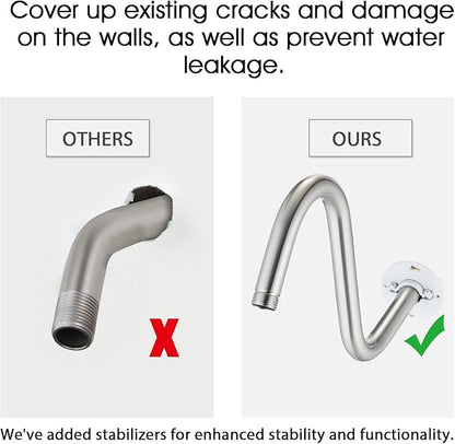 Shower Head Arm 10 Inch Brushed Nickel, RAINREVIVE S Shaped Shower Head Extender Arm with Flange