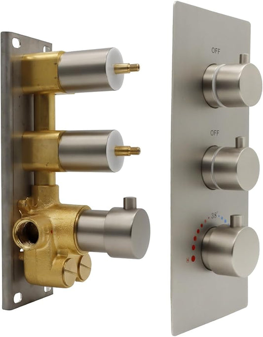 HOMEDEC Brushed Nickel 2 Way Shower Diverter Valve, Brass Dual Functions Thermostatic Shower Mixing Valve Kit 3 Handle Flow Control Valve, 3/4 Inch Inlet, Can Run Simultaneously