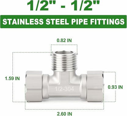 TAISHER 2PCS 304 Stainless Steel 3 Way Left&Right 2 Ends Flexible Movable Tee Connector, 1/2" Male for Sprayer, Angled Valve, Shower Arm