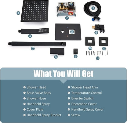 Aolemi Shower Faucet Set Rain Shower System with Handheld Spray Bathroom Shower Combo Rough-in Valve and Shower Trim Kit Included Matte Black 12 Inch Wall Mount Shower Head