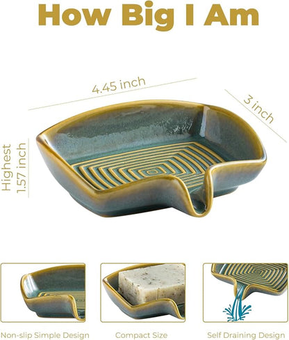 Self Draining Soap Dish, Ceramic Drain Soap Holder Waterfall Design Soap Saver for Shower, Bathroom, Sink, Kitchen and Countertop, Keeps Dry, Blue and Green
