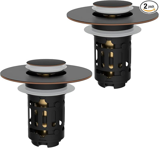 Hibbent 2 Pack 3 in 1 Bathroom Sink Drain Strainer, Pop Up Stopper with Removable Stainless Steel Filter Basket Hair Catcher, Sink Plug for 1.1''~2.36'' Basin, Brass Bullet Core, Oil Rubbed Bronze