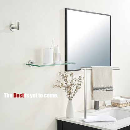 JQK Bathroom Glass Shelf Brushed Steel, Tempered Glass Shower Storage 16 by 5 inches, 304 Stainless Steel Brushed Wall Mount 2 Pack, TGS101L16-BN-P2