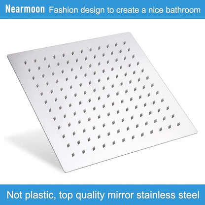 NearMoon Square Rain Shower Head With Extension Arm, Large Stainless Steel Rainfall Shower-Waterfall Full Body Coverage (12 Inch, Chrome)