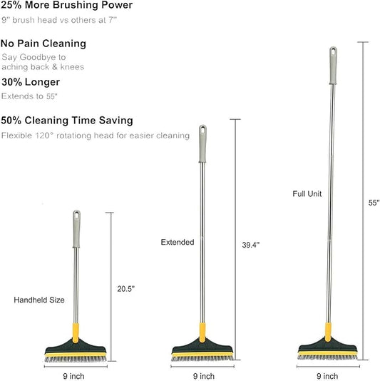 2 in 1 Cleaning Floor Scrub Brush Floor Brush Scrubber New Upgraded 53.5" Long Handle Grout Brush Scrape V-Shape Stiff Bristle Cleaning Brush with Squeegee 120°Rotating Tile Brush for Bathroom