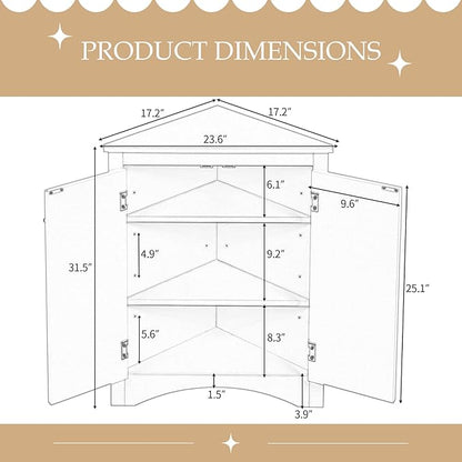 Corner Storage Cabinet with Adjustable Shelves, Triangle Bathroom & Kitchen Organizer, Freestanding Floor Cabinet for Toilet Kitchen Bathroom Cleaning Supplies (White 2)