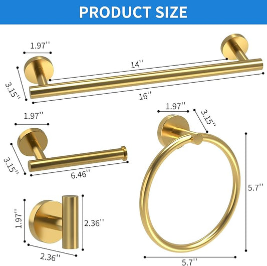 Brushed Gold Bathroom Accessories, Bathroom Hardware Set, SUS304 Stainless Steel Bathroom Towel Holder Set, 16 Inch Towel Bar Set 5 Pcs, 2 Towel Hooks, Toilet Paper Holder, Towel Ring