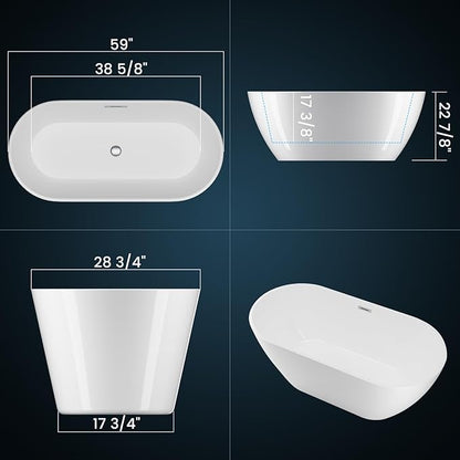 59 in Acrylic Freestanding Bathtub, Contemporary Stand Alone Tub,Glossy White Soaking Tub, Oval Bathtub with Chrome Overflow and Drain, CUPC Certified