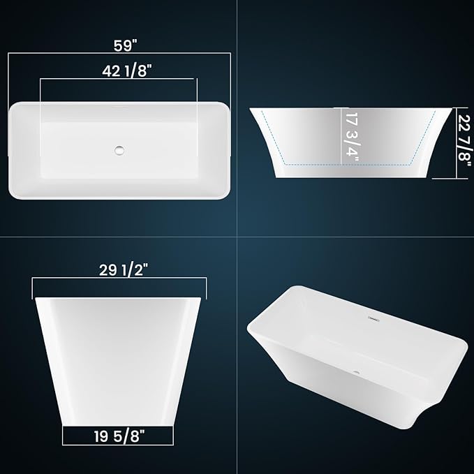 59" Acrylic Freestanding Bathtub - Glossy White Rectangle Soaking Tub with Chrome Overflow & Drain Kit, CUPC Certified