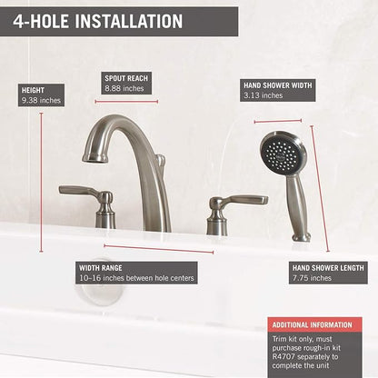 Delta Woodhurst Roman Tub Faucet with Hand Shower, Brushed Nickel Deck Mount Bathtub Faucet, Stainless T4732-SS (Valve sold separately)