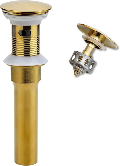 Bathroom Sink Drain, Gold Drain Stopper Bathroom Sink with Overflow,Pop Up Drain Assembly with Detachable Strainer Basket,Built-in Anti-Clogging Strainer,Stainless Steel