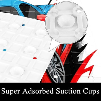 Bath Tub and Shower Mats, Non Slip Bathmat with Drain Holes and Suction Cups for Bathroom Floor, 15.1 x 26.8 Inch (Red and Blue Race Car with Checkered Flag)