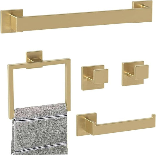 16 in Matte Bathroom Accessories Set, Bath Towel Bar Set, Stainless Steel Bathroom Hardware Set, Towel Racks for Bathroom Wall Mounted 5 Pcs (Golden)