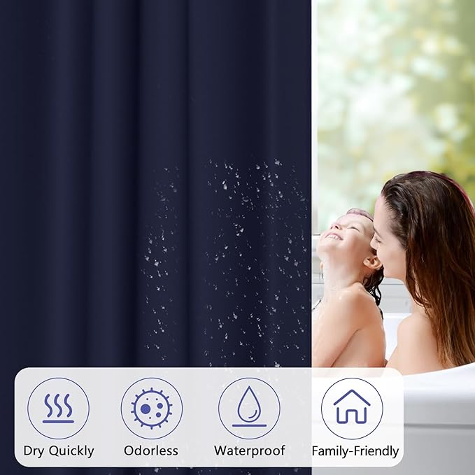Navy Blue Fabric Shower Curtain Liner with 3 Magnets, 72 x 72 inch Waterproof Cloth Shower Liner Washable, Neutral Dark Shower Curtain for Bathroom