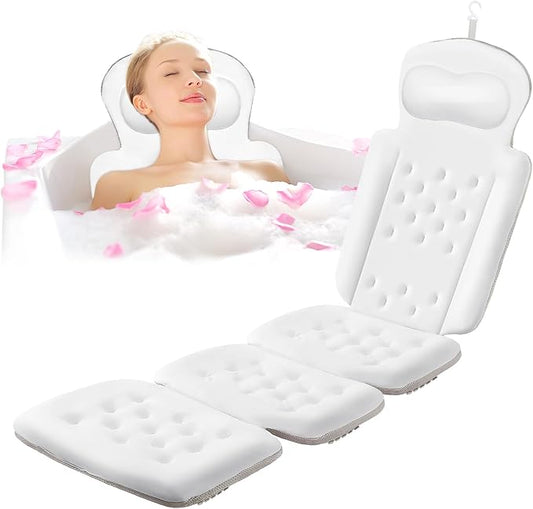 Luxury Full Body Bath Pillow for Bathtub, Bath Pillows for Tub with Mesh Laundry Bag, Cushion for Bathtub Headrest Neck Back Support - 5D Air Mesh & Quick Drying | White 63" x 16"