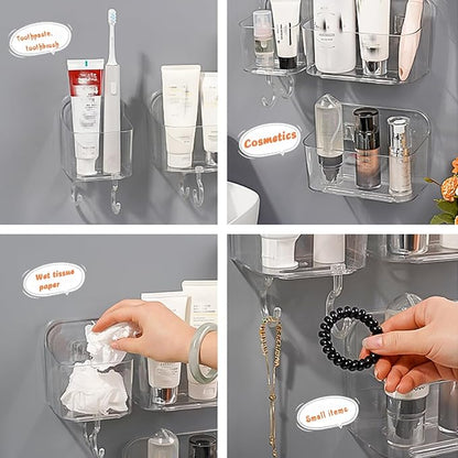 2pcs Adhesive Wall Mount Organizer Box,Acrylic Shelves for Wall,No Drilling Hang Walls,with Self Adhesive Tape,Automatic Draining for Bathroom, Kitchen, Living Room - Clear (Small)