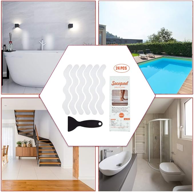 Anti Slip Shower Stickers, Adhesive Decals Safety Strips with Scraper for Bath Tub, Shower Floor, Stairs, 24 Pieces (Clear)