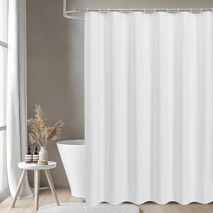 2-in-1 Waterproof Fabric Shower Curtain or Liner,Linen Textured,Breathable TPU & Washable Bathroom Shower Curtain Set with 12 Plastic Hooks,72"x72",White