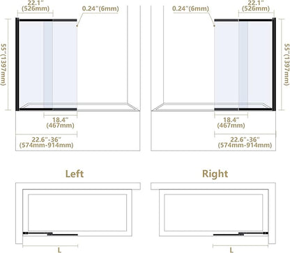 Bathtub Sliding Double Swing Door, Frameless Tempered Glass Shower Doors 22-36 * 55” Bathroom Screen Panel, Clear Deluxe Shower Door Matte Black