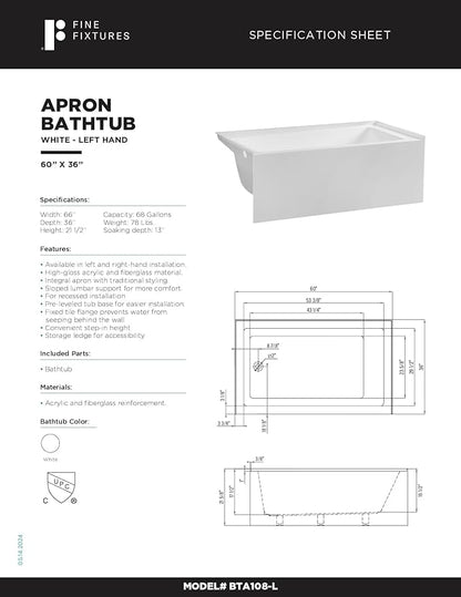 Fine Fixtures Acrylic, Fiberglass Alcove Soaking Bathtub with Integral Apron Front in Glossy White - Left Hand Drain, 60" x 36"