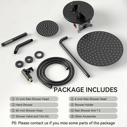 Shower Systems STARBATH 12+6" Round Dual Rainfall Shower Head with Handheld Spray for Two People, Wall Mounted 3 Way Rain Shower Faucet Sets Complete, Included Valve and Trim Kit, Matte Black