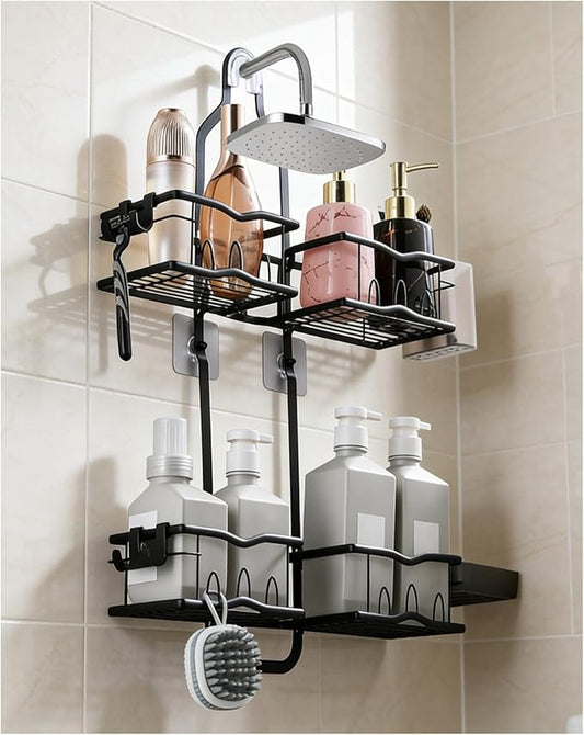 Shower Caddy Hanging, Rustproof Shower Organizer Over Showerhead with Hooks for Razor & Sponge, Bathroom Storage Rack with Soap Holder for Shampoo