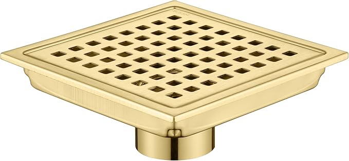 4 Inch Square Shower Floor Drain, Brushed Nickel High Flow Shower Drain Kit with Flange with Hair Filter, Removable Grate Cover, Stainless Steel, Abs Fixing Tray, CUPC Certified (Brushed Gold)