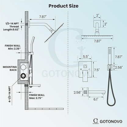 gotonovo Shower System with Tub Spout Wall Mounted Rain Shower Head and Handle Combo Shower Faucet Set with Valve, 8 Inch, Matte Black