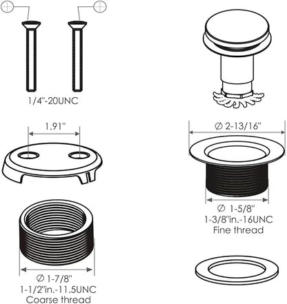 Brushed Nickel Bathtub Drain Stopper and Overflow Kit, Solid Brass Tip-Toe Bath Tub Drain with Hair Catcher - Universal Coarse/Fine Thread, Bathroom Bathtub Plug Replacement, 11.5/16 UNC