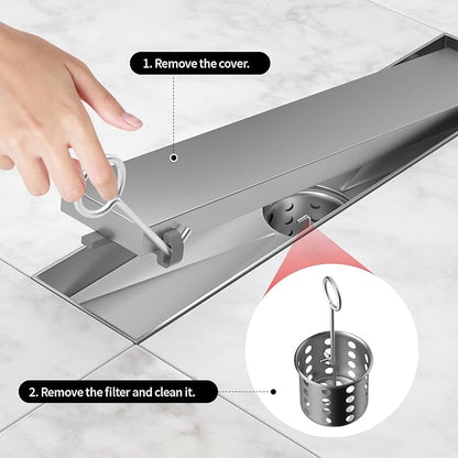 Linear Shower Drain, 304 Stainless Steel with Adjustable Leveling Feet, Hair Strainer,Reversely Install Place to Create an Invisible Floor Drain - Silver -12-Inch