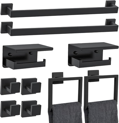 10 Pieces Black Towel Bar Set Bathroom Hardware Accessories Set Upgraded Toilet Paper Holder with Shelf Towel Holder Set for Bathroom Stainless Steel Wall Mounted 23.6in