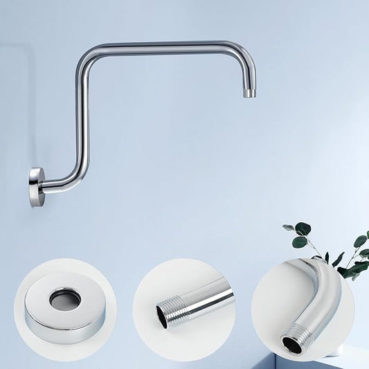 13 Inch S shaped Shower Arm,Stainless Steel Wall-Mounted High Rise Shower Head Extension Arm with Flange，Chrome,10Z1MK