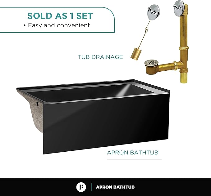 Fine Fixtures Acrylic, Fiberglass Alcove Soaking Bathtub with Integral Apron Front - Drain Included (54" x 30", Right Hand, Black)