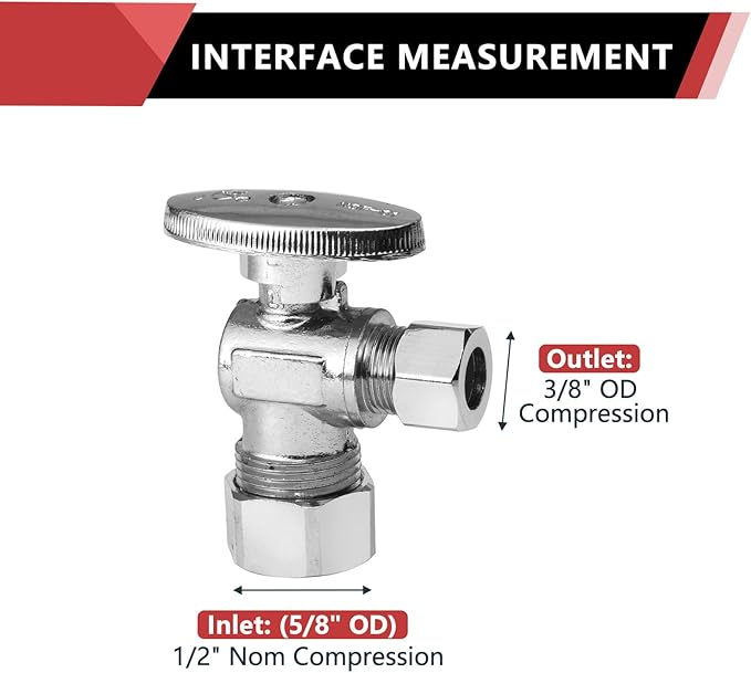 20-Pack EFIELD Angle Stop Valve 1/2" Nominal (5/8" OD) Compression x 3/8" OD, 1/4-Turn, Chrome Plated,(VALVE116-20PCS)