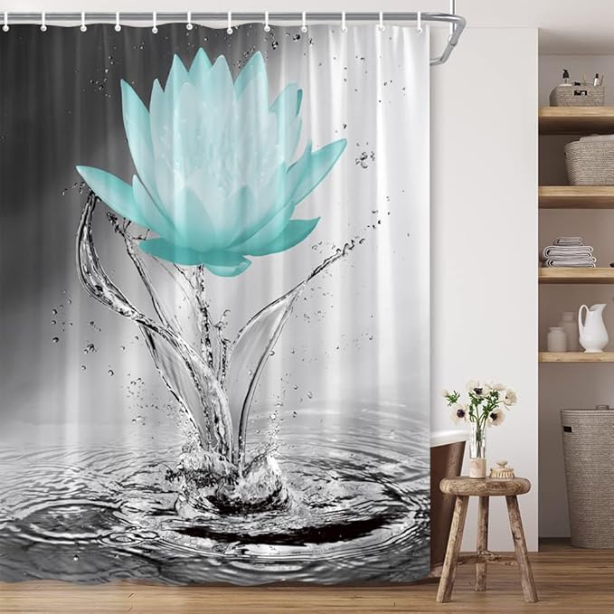 Lotus Shower Curtain Black White Grey Teal Flower Elegant Blooming Floral with Dew Spring Flower Reflection on Water Modern Romantic Polyester Fabric Bathroom Decor 70×70 Inch with Hook