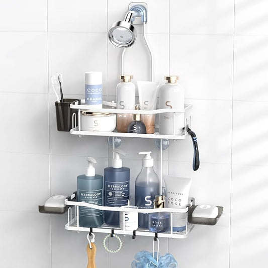 Hanging Shower Caddy Bathroom Organizer: Rustproof Shower Shelf Racks Over Shower Head - No Drilling Inside Bath Shower Rack Shelves Over Showerhead for Shampoo with Soap Holder White