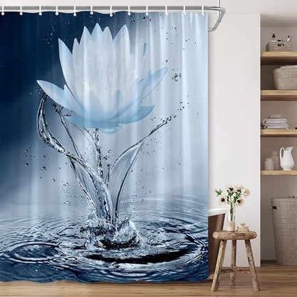 Lotus Shower Curtain Blue Flower Elegant Blooming Floral with Dew Spring Flower Reflection on Water Modern Romantic Polyester Fabric Bathroom Decor 60×70 Inch with Hook