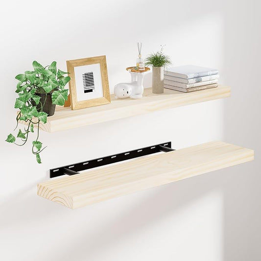 Heimlove 36 inch Floating Shelves for Wall,2 Packs Natural Pine Solid Wood Floating Shelves, 8 inches Deep Wooden Shelves for Kitchen Bedroom Office & Living Room Display Wall Decor