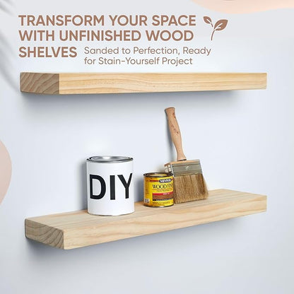 Homeforia 24 inch Wood Floating Shelves, High End Solid Natural Wood 24inch Floating Shelf for Wall, Unfinished Wooden 24 inches Floating Shelves, Heavy Duty Bracket, 24 X 6.5 X 1.75 in, Set of 4