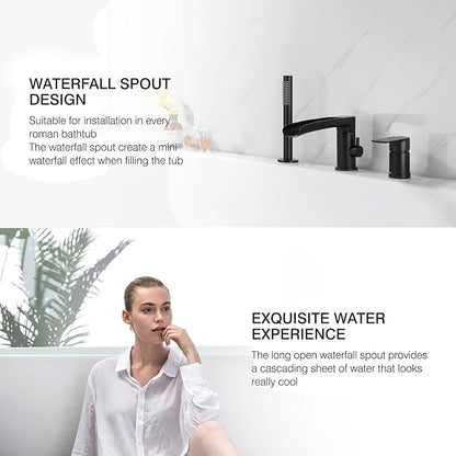 TapLong Waterfall Roman Tub Faucet with Hand Shower, Widespread Deck Mount Bathtub Faucet with Sprayer, Single-Handle 3-Holes Bathtub Shower Faucet Set in Matte Black, 03119B