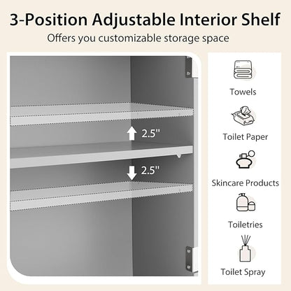 COSTWAY Over The Toilet Storage Cabinet, Bathroom Shelf Over Toilet, Double Door Bathroom Storage Cabinet Organizer with Adjustable Shelf, Open Shelf (Grey)