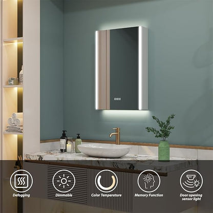 WELLFOR 20" x 30" LED Mirrored Bathroom Cabinet, Mirror Medicine Cabinet with Lights, Defogging LED Mirror Cabinet with Outlets & USB Ports, Surface Mounted, Left Opening Door, Hardwired Connected