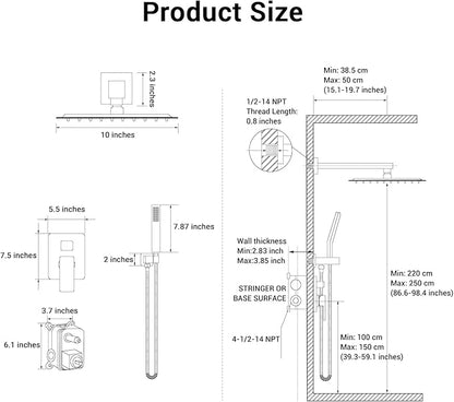 Shower Faucet set with Shower head, Wall Mount 10 Inch Square Rainfall Shower Head and Handle Set Single Handle Shower System Set with Female Threads Valve Body and Trim Included (Brush Gold)
