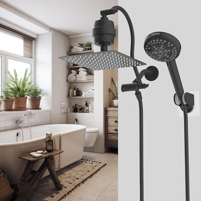Hibbent All Metal 10'' Dual Filtered Rainfall Shower Head Combo, High Pressure Handheld Shower Head with 12'' Adjustable Curved Extension Arm, 20 Stage Shower Filter, 10-spray, 71'' Hose, Matte Black