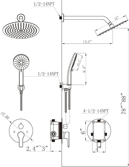 Shower Faucet Set 12IN Brass Rough-In Valve Body Trim Kit Rainfall Included Handle Accessories Complete 2 Functions with Rain Head and Handheld Bathroom Systems (12'', Chrome Polished)
