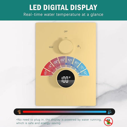 Temperature Display 2 Way Shower Valve Brass Rough-in and Rectangle Trim Kit, Dual Function Digital Shower Mixer Valve, Brushed Gold